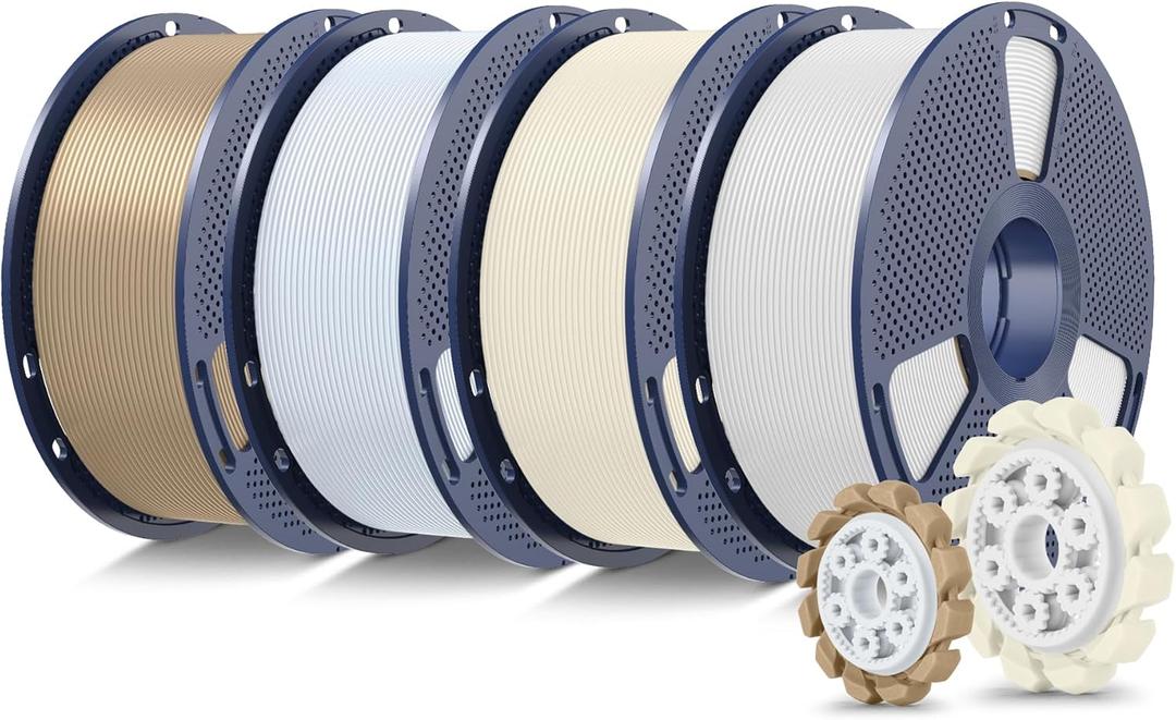 SUNLU PLA+2.0 3D Printer Filament Bundle, 4KG Upgrade PLA+ Filament 1.75mm, Tougher and Stronger, Dimensional Accuracy +/-0.02mm, 1KG per Spool, 4 Packs, 4KG Total, White+Bone+Ceramic+Oak Wood