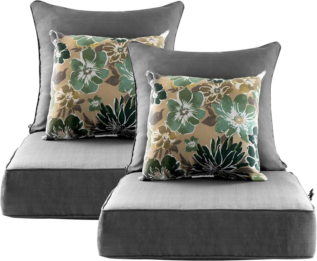 Outdoor Deep Seat Cushion Set of 2,24 x 24 Inch, Deep Seat,Back Cushion and Pillow with Removable Cover and Adjustable Straps for Chair, Sofa, and Couch
