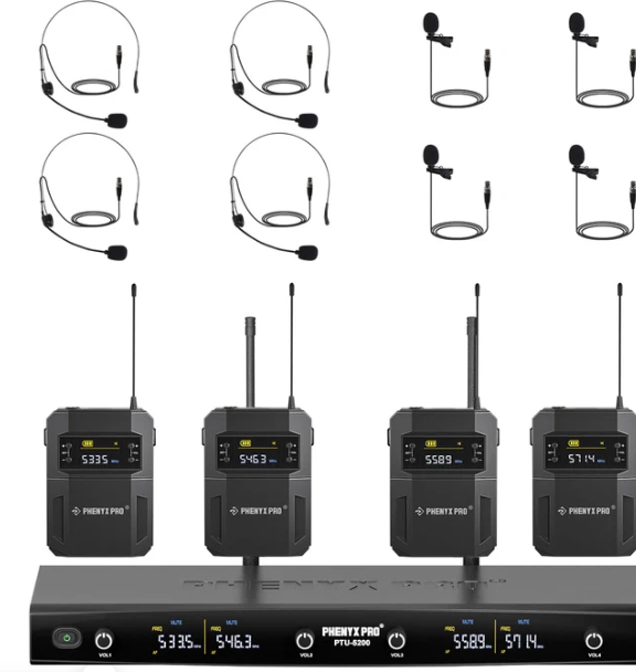 Phenyx Pro 4-Channel UHF Auto Scan Wireless Microphone System PTU-52/5200/4200- 2 Handheld Mics, 2 Bodypacks, Headset/Lapel Mics, 4 x 40 Frequencies, 328 ft, Mics for speaking, church, wedding, meeting
