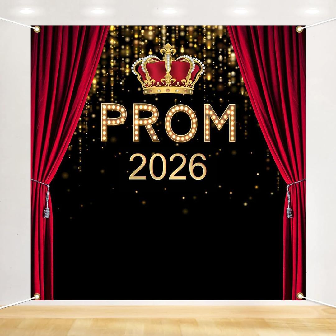 Mocsicka Prom 2026 Graduation Backdrop - Black Gold Graduate Backdrop for Prom Night, Class of 2026 Graduates Party Decorations Photo Background - Includes 1 Backdrop (6x6ft)