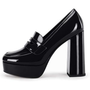 Coutgo Womens Platform Heels Loafers Chunky High Heel Closed Toe Patent Leather Shoes Penny Loafer Business Dress Work Pumps (Black, 9)