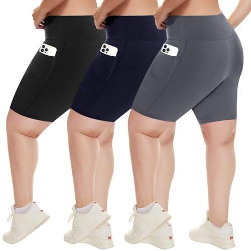 HLTPRO 3 Pack Plus Size Biker Shorts with Pockets for Women - 8" High Waisted Spandex Athletic Bike Shorts for Yoga Workout Size 3XL