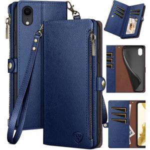 XcaseBar for iPhone XR 6.1" Wallet case with RFID Blocking Zipper Credit Card Holder, Flip Folio Book PU Leather Phone case Shockproof Cover Women Men for Apple XR case Blue
