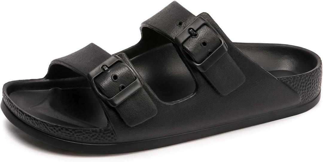 FUNKYMONKEY Women's Comfort Slides Double Buckle Adjustable Plastics Flat Sandals (9)