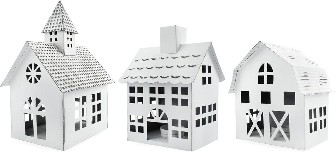 AuldHome Design Farmhouse Christmas Village Collection #2 w/Church, Barn and School (Set of 3, White); Candle Lantern Decorative Christmas Town Display