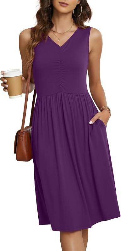 Summer Casual Dresses for Womens Tank Empire Waist Sun Dress Flowy V Neck Cold Shoulder Dresses with Pockets, Medium, Puprle