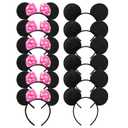 CHuangQi Mouse Ears Solid Black and Pink Bow Headband for Boys & Girls Birthday Party, Pack of 12