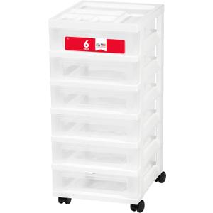 IRIS USA Plastic Drawer Storage Organizer Rolling Cart, with Wheels Casters, 6-Drawers, for Classroom Art Craft Supplies Dresser Closet Bathroom Laundry Room, White/Clear