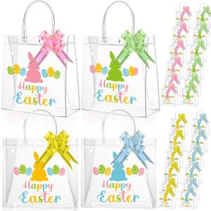 Sweetude 24 Pack Happy Easter Clear Gift Bags Bulk with Handles & Pull Bows, Reusable PVC Bunny Egg Treat Candy Bag Goodie Bags Pastel Plastic Gift Tote Bag for Easter Party Favors, 7.9 x 7.9 x 3.2
