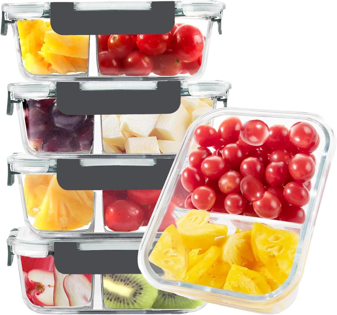 BAYZZ 5 Pack 35 Oz Glass Meal Prep Containers 2 Compartments, Glass Storage Containers with Lids, Airtight Lunch Bento Boxes, BPA-Free, Microwave and Freezer Safe (Gray)