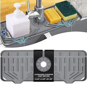BFONS Silicone Faucet Handle Drip Catcher Drying Tray Mat Dish Soap Sponge Holder Accessories Gadgets for Kitchen Counter Bathroom Kitchen Sink Splash Guard -Grey
