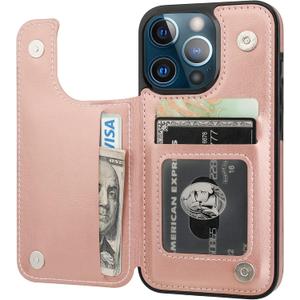 ONETOP Compatible with iPhone 13 Pro Wallet Case with Card Holder, PU Leather Kickstand Card Slots Case, Double Magnetic Clasp Durable Shockproof Cover 6.1 Inch(Rose Gold)