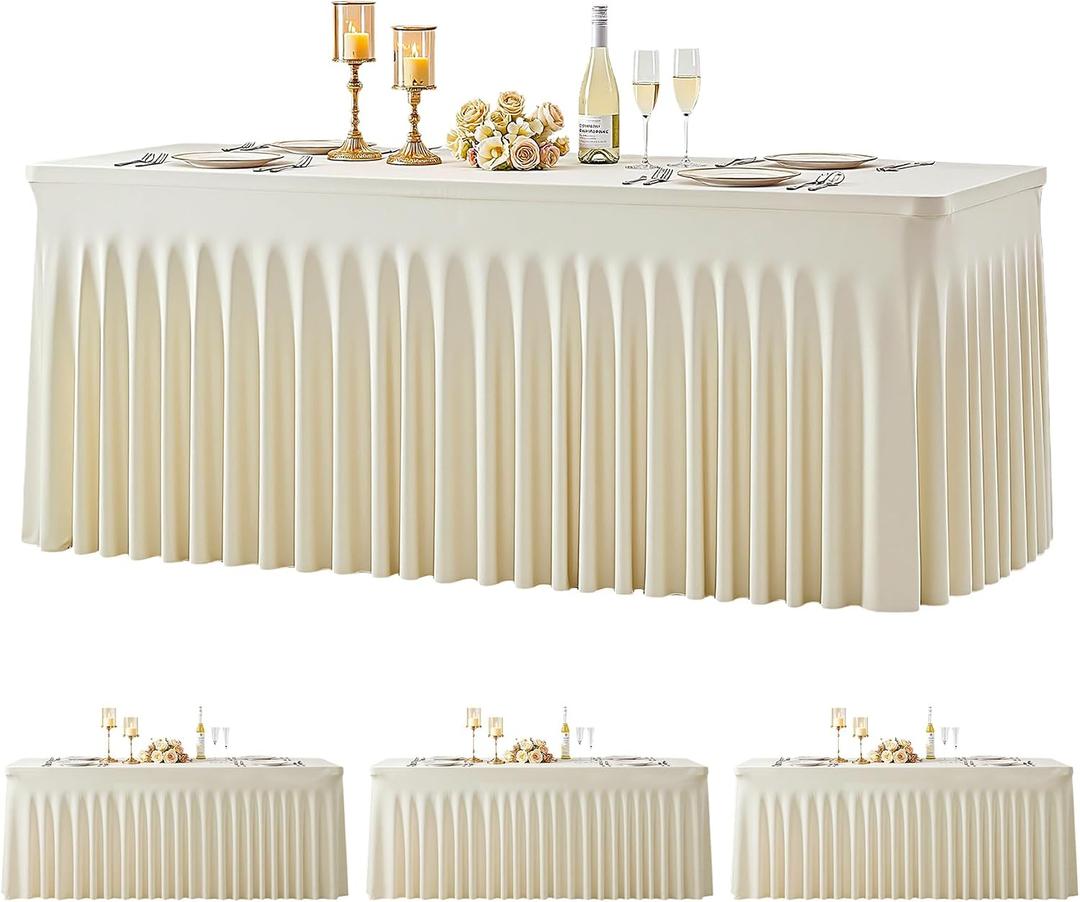 4 Pack 6ft Beige Spandex Tablecloths for Rectangle Tables Wrinkle Free Beige Rectangle Table Cloth Stretch Fitted Table Cover with Skirt for Wedding Birthday Party Banquet Baby Shower Buffet Event