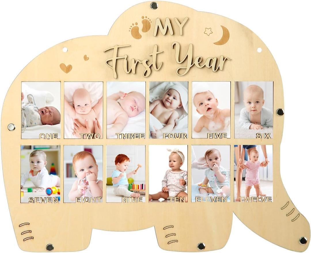 My First Year Picture Frame, One Year Of Photo Board, Baby's First Twelve Months Photo Collage and Gender Neutral Keepsake, Ideal for Baby Shower, New Mom Keepsake Gift and Nursery Decor - With Stand (Elephant sign)
