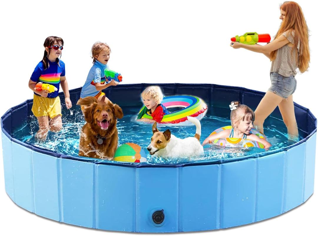 Jasonwell Foldable Dog Pool Collapsible Hard Plastic Dog Swimming Pool Portable Kiddie Pool Pet Pool Doggie Wading Pool Bath Tub for Puppy Small Medium Large Dogs Cats and Kids 97" (Plastic Board Blue)