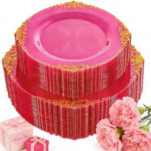 102PCS Clear Hot Pink Plastic Plates - Pink Disposable Plate with Gold Rim - Hot Pink Party Plates Include 51PCS 7.5inch Dessert & 10.25inch Dinner Plate for Wedding Birthday Party Mothers Day