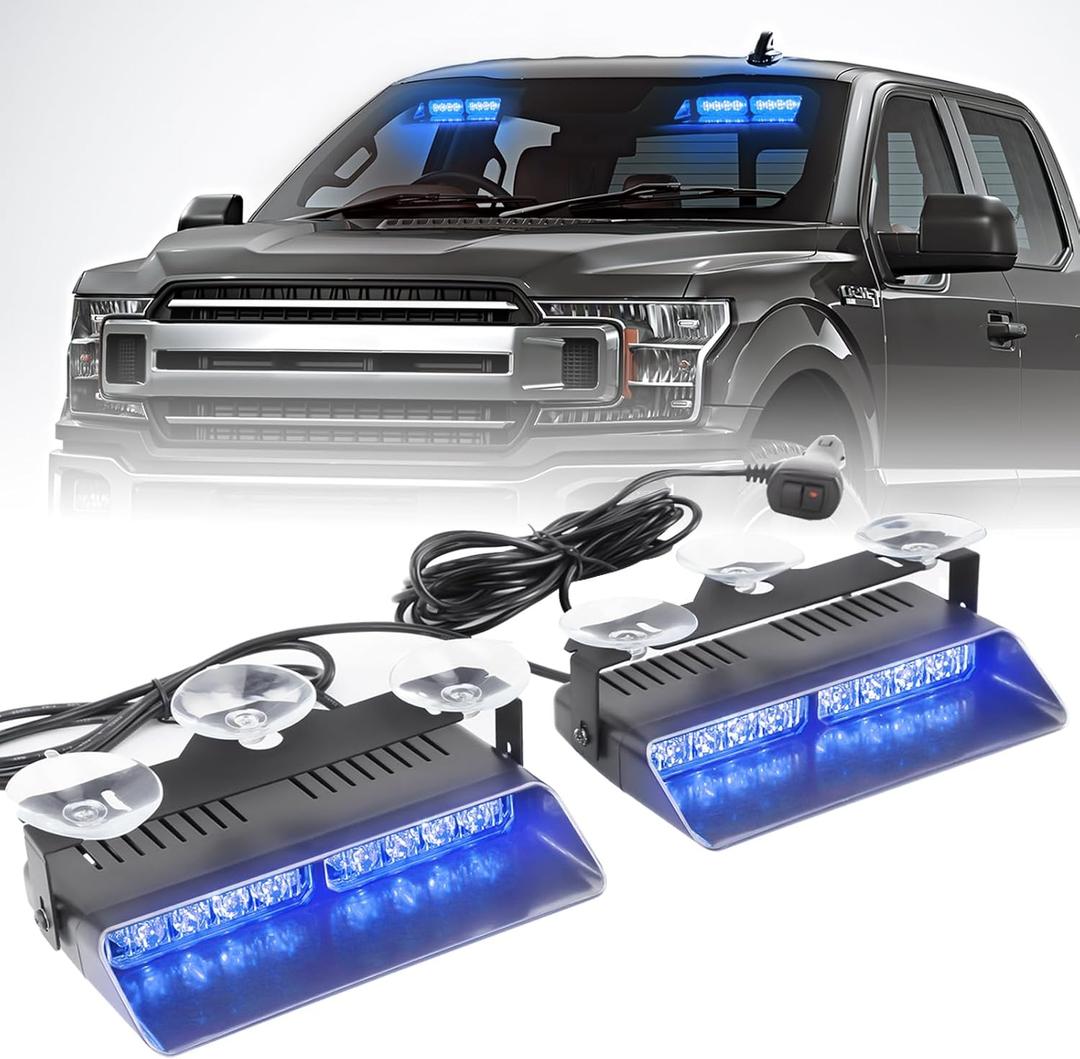 2 In 1 LED Emergency Dash Strobe Light Bar Front/Rear Windshield Safety Flashing Warning Hazard Interior Lights for Police Firefighter Construction Vehicles Trucks (2x7.5 Inch, Blue/Blue)