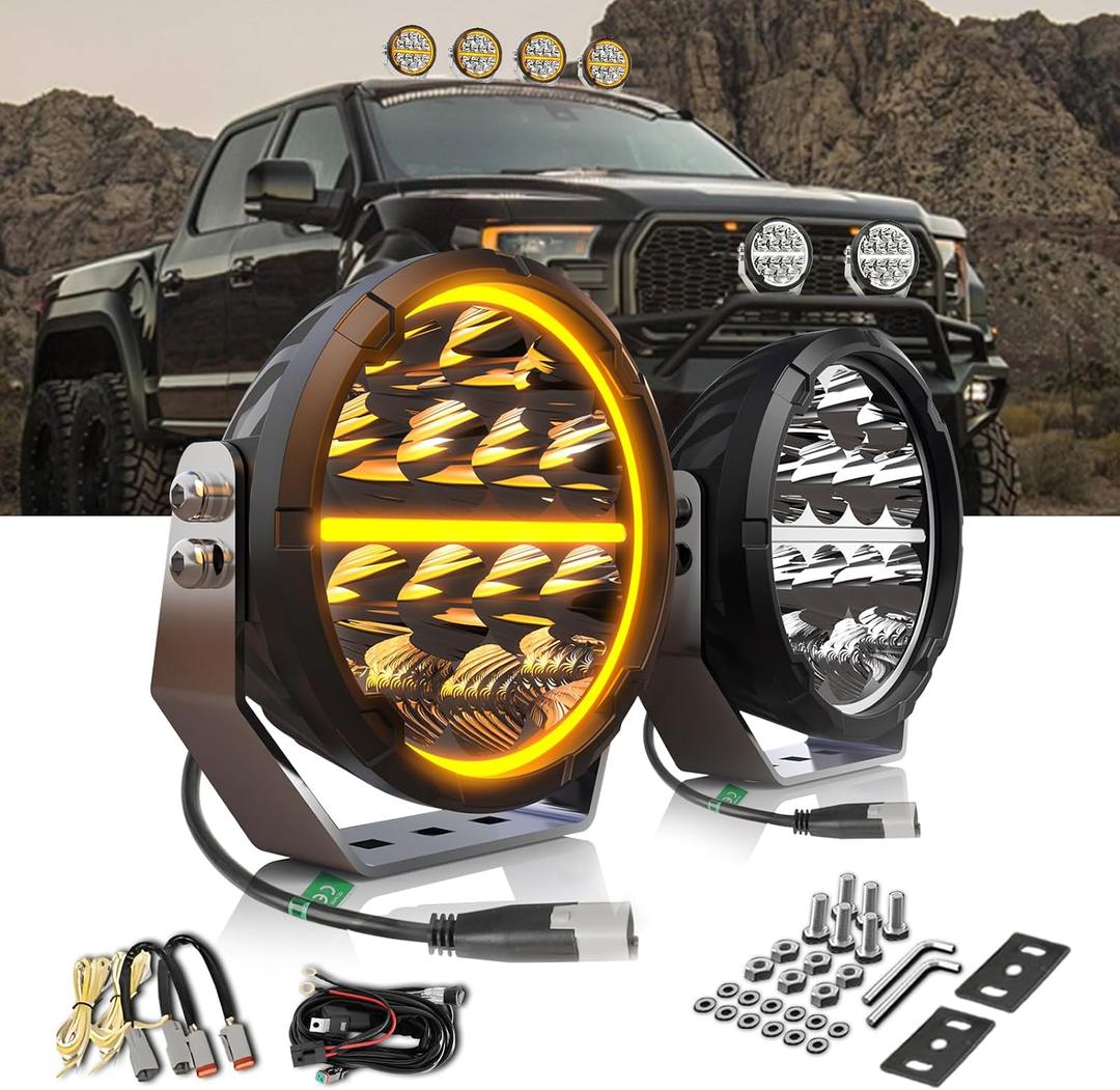 BraveWAY 6.5 Inch Round LED Driving Lights 140W 20400LM Round LED Offroad Light with Wiring Harness White & Amber DRL Spot Flood Combo Beam Auxiliary Light for Truck 4x4 ATV UTV