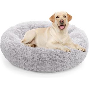 NOYAL Calming Dog Bed Donut Anti Anxiety Fluffy Dog Bed for Small Medium Dog and Cat, Large 27.5'', Light gray 