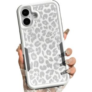 Case for iPhone 16 Plus White Cheetah Light Gray | Leopard Pattern, Heavy Duty, Tough Rugged, Full Body Protection, Shockproof, Protective, Women Girls Case