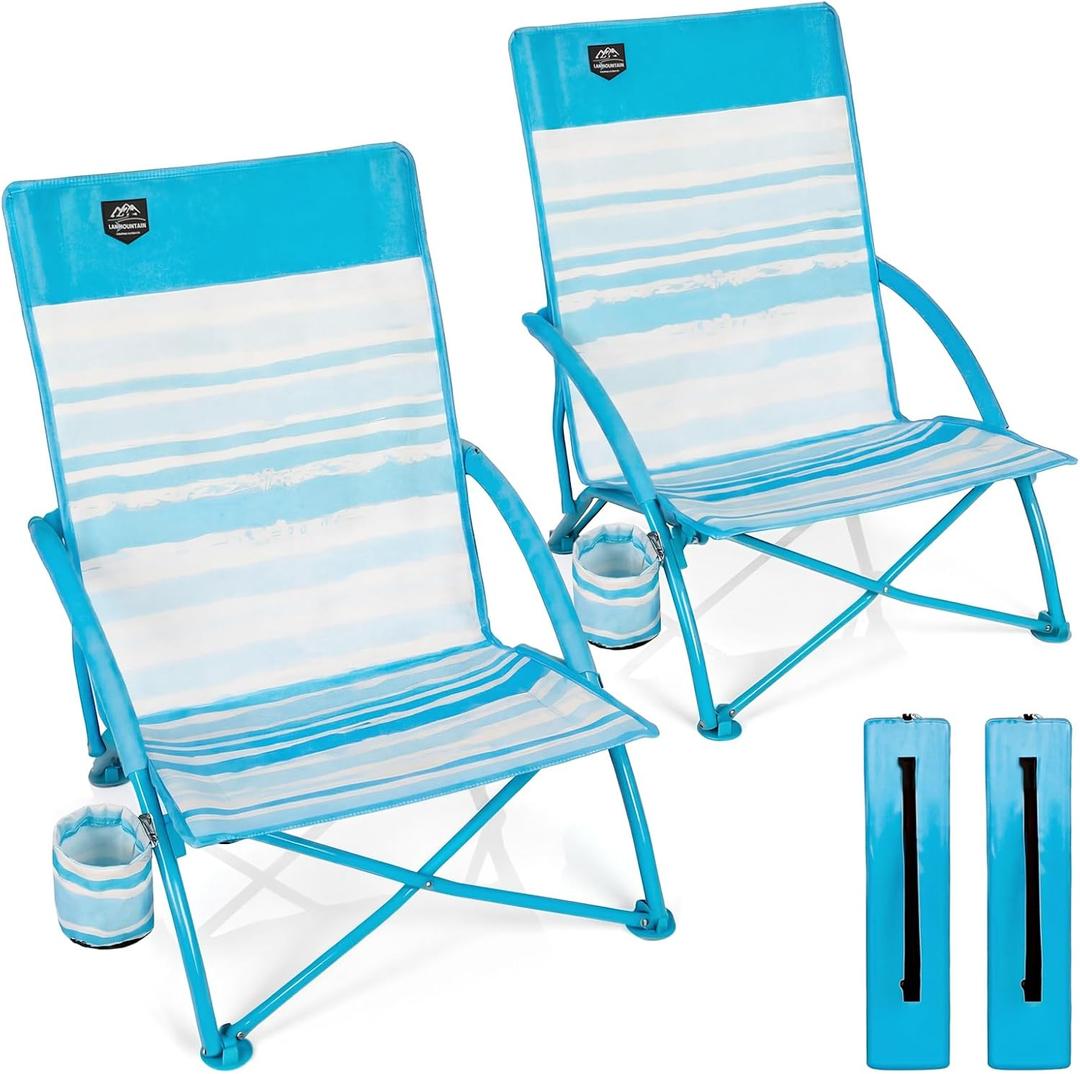 2 Pack Low Beach Chair,Folding Recliner Camping Chair for Adults,Lightweight Backpacking Low Seat Camping Chairs with Cup Holder,Carry Bag for Outdoor Camp Lawn Picnic Festival,Blue Strip, 30X20.5X18 inch