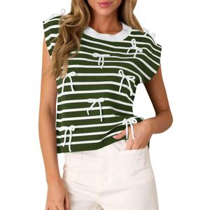 Saodimallsu Womens Striped Bow Top Cap Sleeve Summer Cute Crewneck Going Out Lightweight Knit Sweater Vest Tops (Large, Army Green)