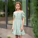 Simplee kids Girls Dresses Off The Shoulder Summer Tween Dress Smocked Ruffle Puff Sleeves Dresses for Girl Kids 4-15 Years (S)
