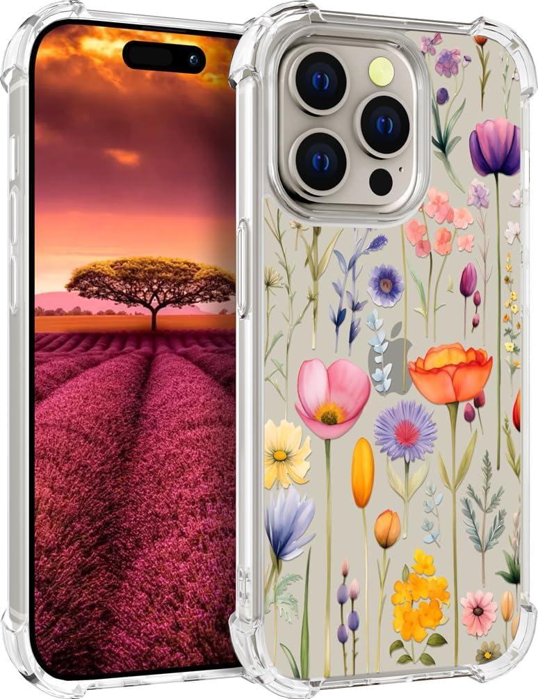 Compatible with iPhone 15 Pro Max Case Cute Clear for Women,Cool Transparent Silicone Phone Cases Cover - Pink Purple Herbal Flowers
