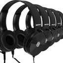 Classroom Headphones Bulk 5 Pack, Student On Ear Color Varieties, Comfy Swivel Earphones for Library, School, Airplane, Kids, for Online Learning and Travel, Noise Stereo Sound 3.5mm Jack (Black)