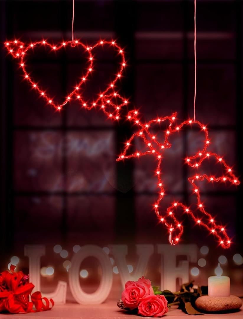 Valentine's Day Window Lights 2 Packs,18" Lighted Cupid with Arrow & Lighted Heart with Arrow,Valentine's Day Window Silhouette with Suction Cup Hooks, Remote Controllers for Indoor Outdoor Decor