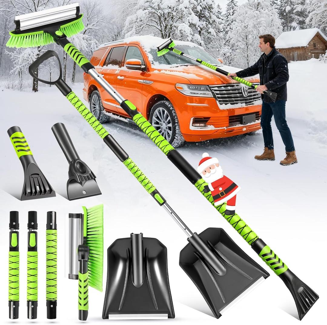 Upgrade 60" Snow Brush&Shovel with 2 Ice Scrapers for Car Windshield, Extendable Snow Car Brush with 2 Telescoping Pole,360 Pivoting Snowbrush Head Detachable Ice Scraper for Truck Snowing Removal