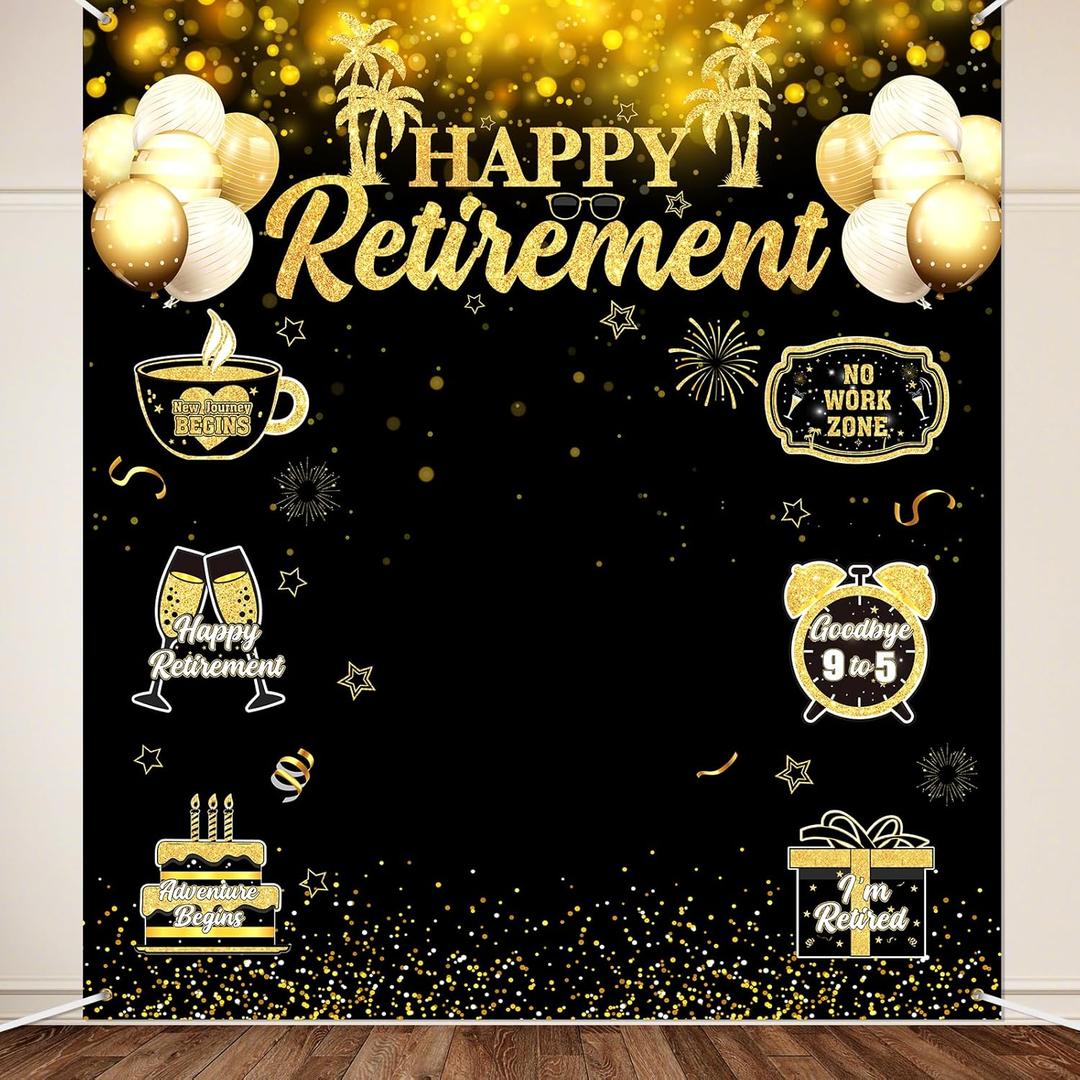 Retirement Backdrops for Photoshoot Black Gold Happy Retirement Party Decorations 78 x 70 Inch Retire Banner Photography Background for Women Men Retired Party Supplies