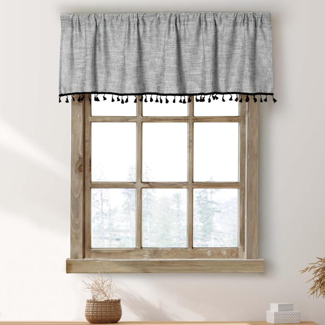 2 Pack Boho Tassel Kitchen Valances for Windows Modern Farmhouse Cotton Linen Valance Curtains Topper Country Rustic Bathroom Small Window Treatment Bohemian Decor (55x15 inch, Grey)