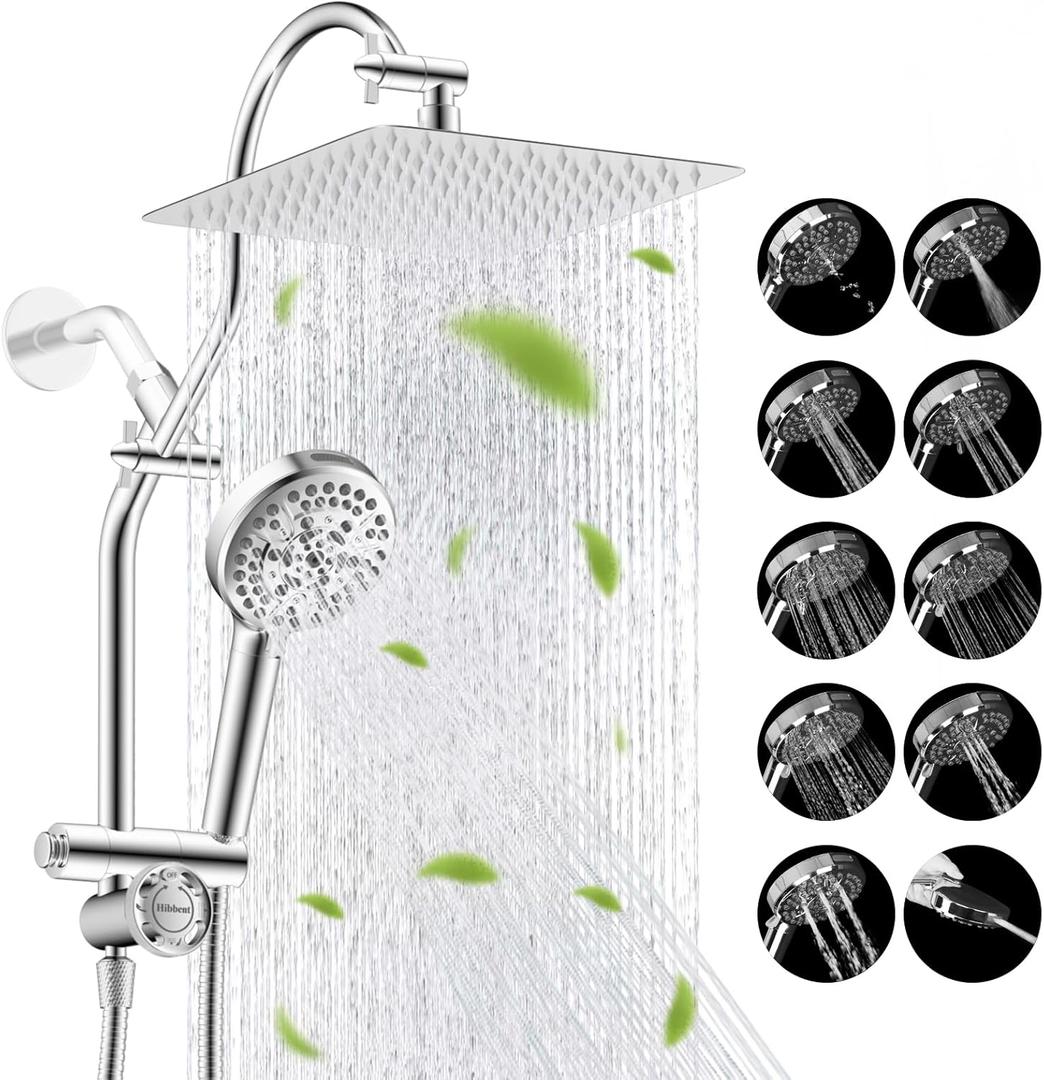 Hibbent cUPC Certified All Metal 10" Rainfall Showerhead Combo, High Pressure Shower Head with 10-Spray Mode Handheld, Innovative 4-way Diverter with Pause Mode, 71'' Shower Hose and Holder, Chrome