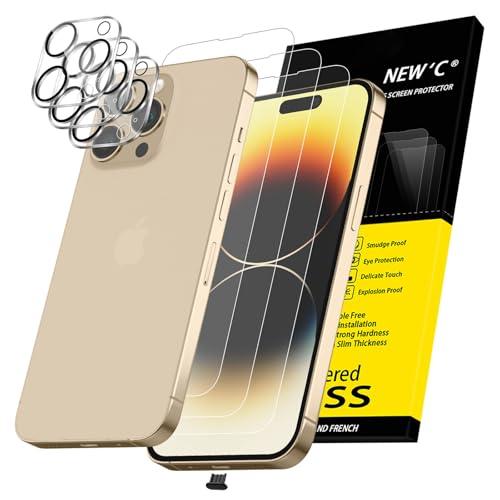 NEW'C 3x for iPhone 14 Pro Screen Protector (6.1 inches)+ 3x Camera Lens Protector, Sensor Protection + Dust Plug - Case Friendly Tempered Glass Film, Ultra Resistant
