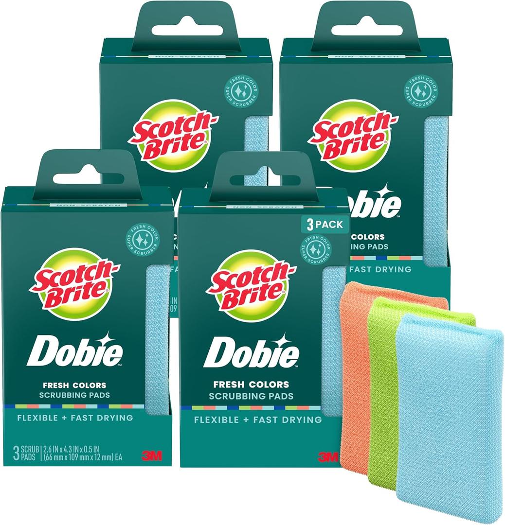 Scotch-Brite Dobie Non-Scratch All-Purpose Scrub Pads, Original Cleaning Sponges for Kitchen & Bathroom, Safe on Non-Stick Cookware, Reusable (12 Pads, 4 Packs of 3, Assorted Colors)