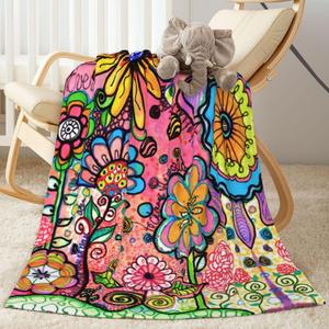 Hippie Art Flowers Throw Blankets Ultra Soft Fleece Blanket for Sofa Couch Camping Travel Lightweight & Warm Bed Blanket for All Seasons Home Decor, 40"X30"