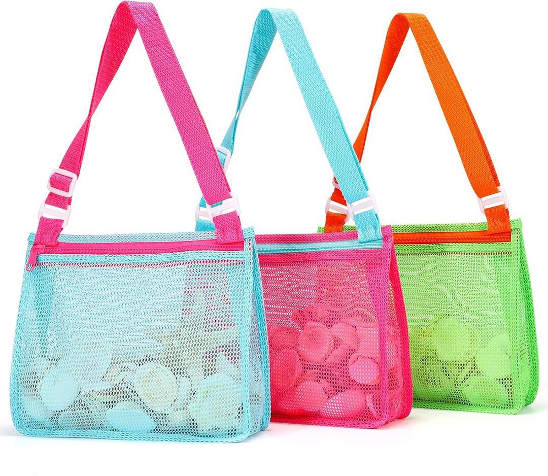 Tagitary Beach Toys Mesh Beach Bag Sand Toy Seashell Collecting Bag Pool Bag Swimming Beach Accessories Gift for Boys and Girls (Only Bags, A Set of 3) (Kids, Light Pink+blue+green)