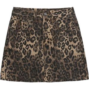 Women's Leopard Print Denim Mini Skirt High Waisted Sexy Bodycon Short Cheetah Print Jean Skirts for Women (Large)