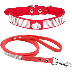 Haoyueer Cute Dazzling Sparkling Elegant Fancy Soft Suede Leather Bling Rhinestone Crystal Jeweled Pet Cat Dog Puppy Collar Dog Leash Combo Set (XS, Red-5)
