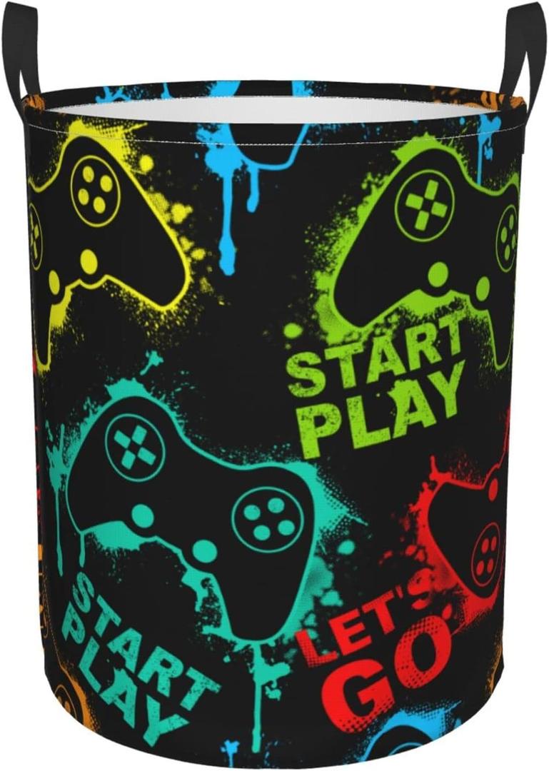 Colorful Silhouettes Game Joystick Round Laundry Hamper Storage Basket Toys Clothes Organizer Bin For Home Bathroom Bedroom Dorm Nursery, 38l