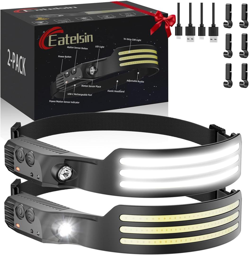 Headlamp Rechargeable 2PCS, Motion Sensor 230 COB Head Lamp, Headlights for Forehead, Hard hat Light for Adults, LED Headband Flashlight for Work, Hiking, Running, Camping Essentials Gear (2 Pack - New Upgrade III Tri-Led Strip, Black)