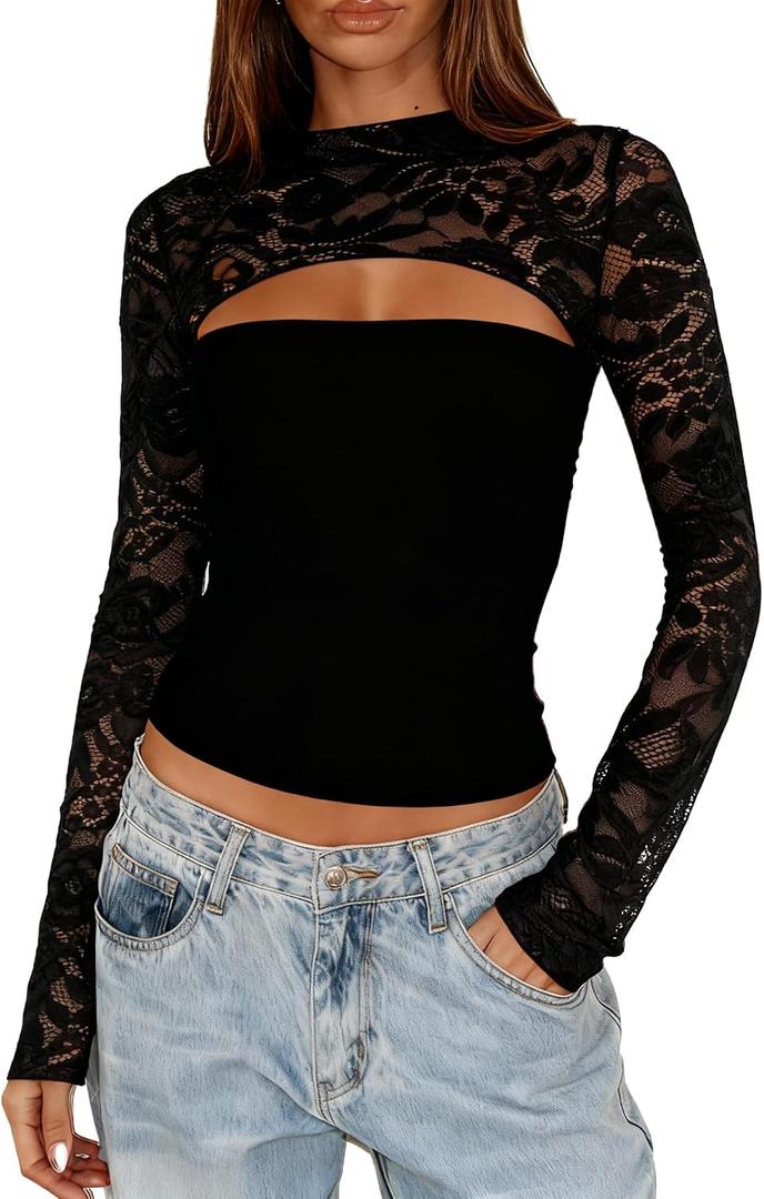 Womens Lace Long Sleeve Going Out Top Sexy Cut Out Y2K Crew Neck Club Party Night Out Tops Mesh Lace Blouse Shirt (Black, XL)