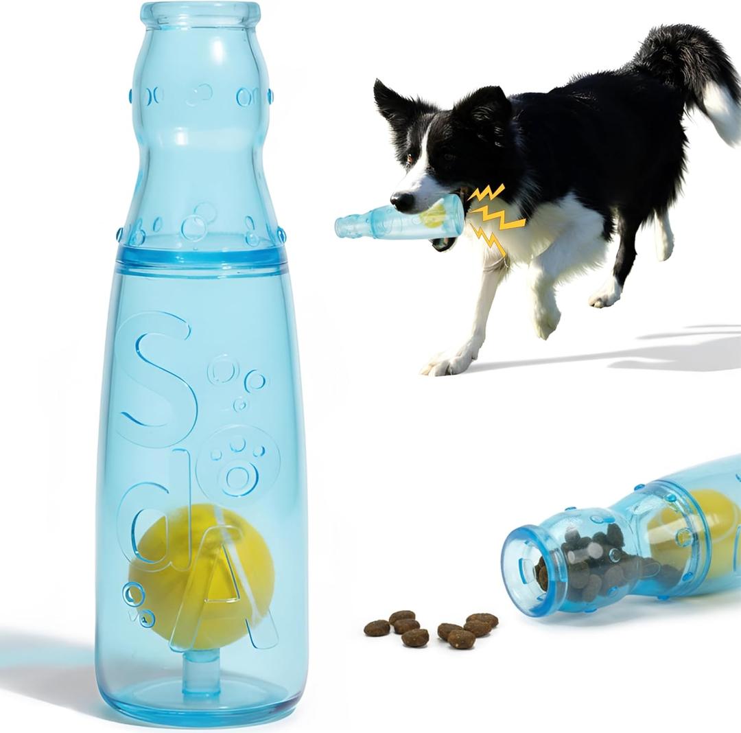 TagME Interactive Dog Squeak Toy, 3-in-1 Bottle Shape with Inner Tennis Ball and Treat Dispenser, Durable Rubber Chew Toy for Medium Dogs, Boredom Relief, Blue