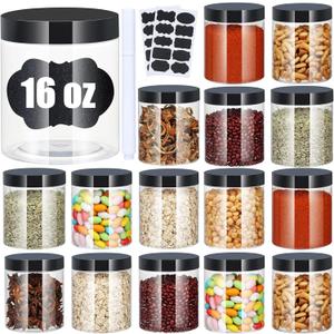 Plastic Jars with Lids, 16 oz Plastic Containers with Lids Clear Airtight Container Storage Jar Mason Jars for Dry Food Peanut Butter Honey Jam Cosmetics, Pack of 16 (16 PCS Black Lids)
