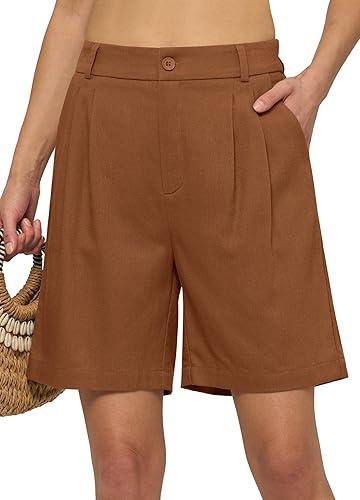 Willit Women's Linen Shorts Wide Leg Dress Casual Summer Pleated Shorts High Waisted with Pockets 7" 10", XL, Caramel