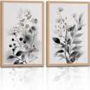 2 Piece Framed Botanical Wall Art, Neutral Floral Canvas Prints 16x24in