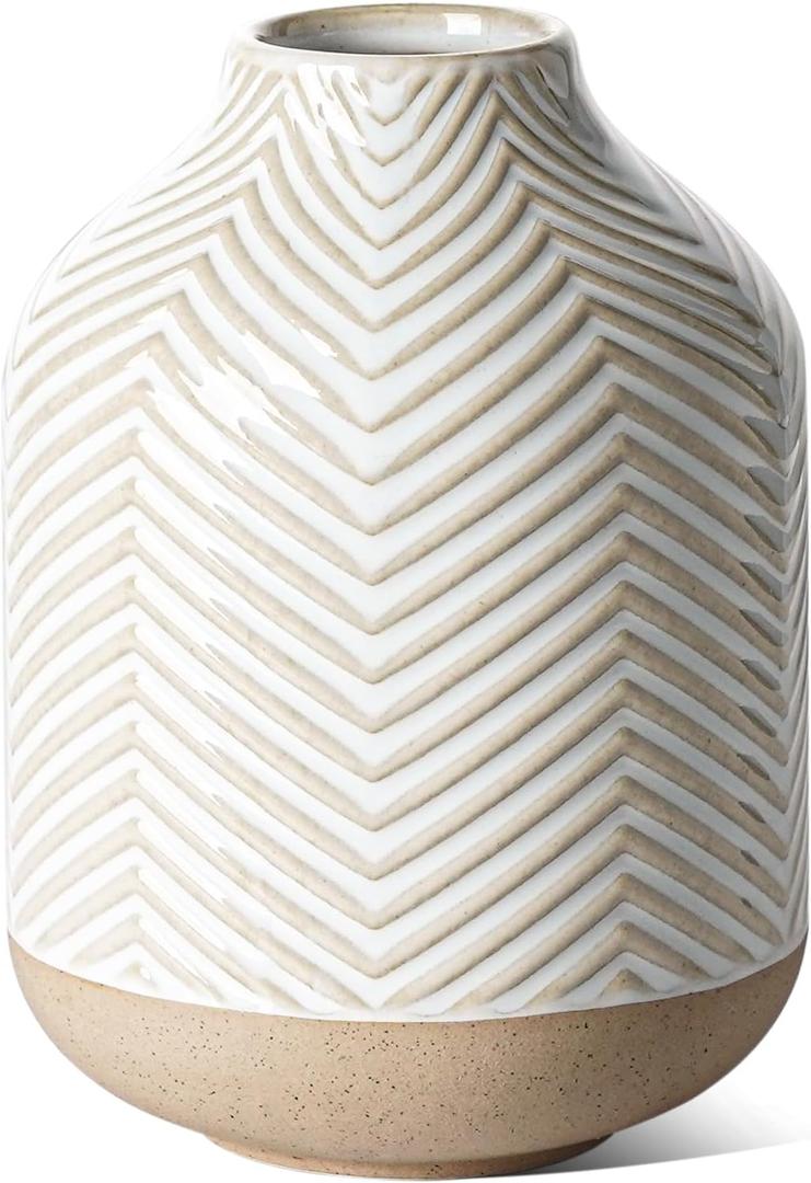 Small Boho Vase for Decor,Rustic Farmhouse Vase for Pampas Grass,Eucalyptus Set and Tiny Stem Flowers,Ceramic for Centerpieces, 5.3 Inch,Wave-Arctic White