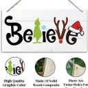 Believe Christmas Sign, Cartoon Characters Pattern Winter Home Wooden Hanging Decor, Indoor Christmas Wood Wall Hanging Sign for Living Room Bedroom Decor 7 x 14 Inches