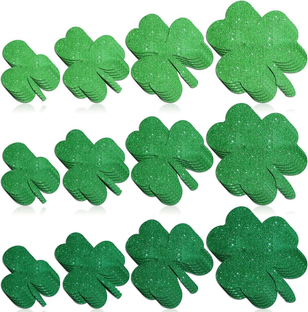 Junkin 60 Pcs St. Patrick's Day Cutouts Classroom Bulletin Border Decoration Shamrock Gold Hat Beer Mug Irish Shoes Cutouts for St. Patrick's Day(Glitter Clover)